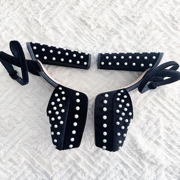 Born on Fifth for Antonio Melani Emily Black Velvet Pearl Platform Pumps - Picture 5 of 8